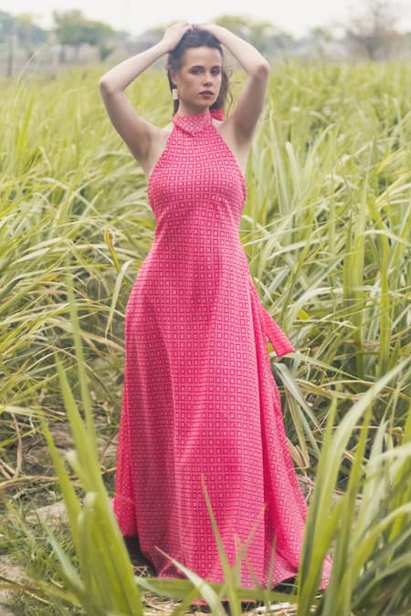 Gazab by Miku Kumar Pink Organza Halter Neck Designer Maxi Dress 