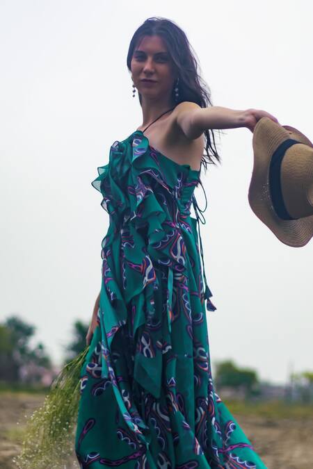 Buy_Gazab by Miku Kumar_Green Organza Asymmetric Ruffled Maxi Dress _Online_at_Aza_Fashions