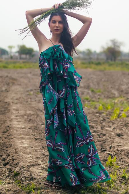 Shop_Gazab by Miku Kumar_Green Organza Asymmetric Ruffled Maxi Dress _Online_at_Aza_Fashions