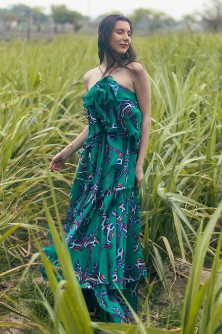 Gazab by Miku Kumar_Green Organza Asymmetric Ruffled Maxi Dress _at_Aza_Fashions