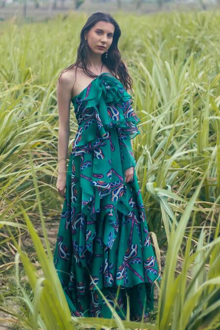Buy_Gazab by Miku Kumar_Green Organza Asymmetric Ruffled Maxi Dress 