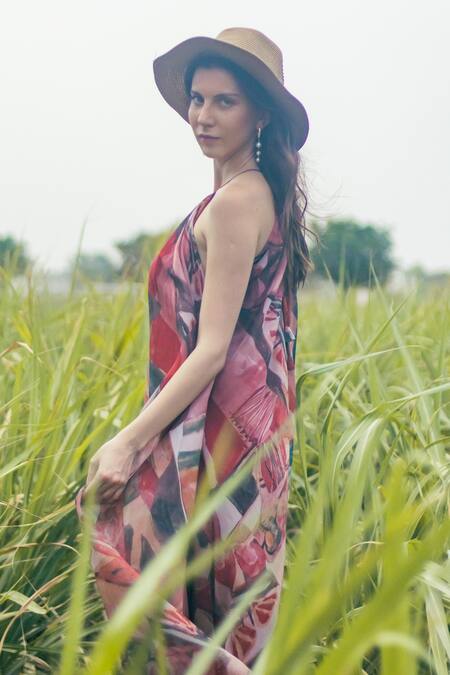 Buy_Gazab by Miku Kumar_Pink Organza Halter Neck Multi Color Nomadic Bloom Maxi Dress _Online_at_Aza_Fashions