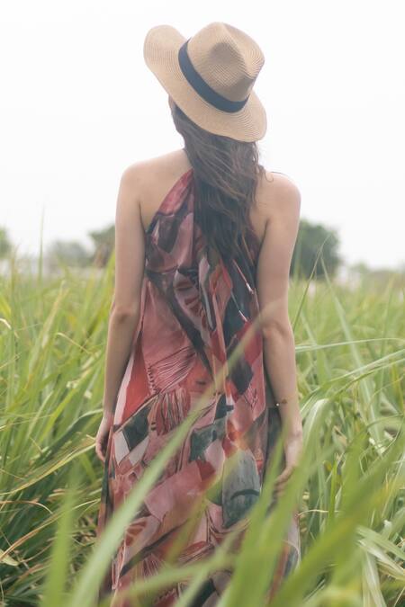 Shop_Gazab by Miku Kumar_Pink Organza Halter Neck Multi Color Nomadic Bloom Maxi Dress _Online_at_Aza_Fashions