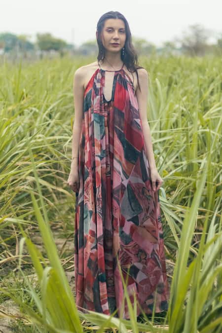 Gazab by Miku Kumar Pink Organza Halter Neck Multi Color Nomadic Bloom Maxi Dress 