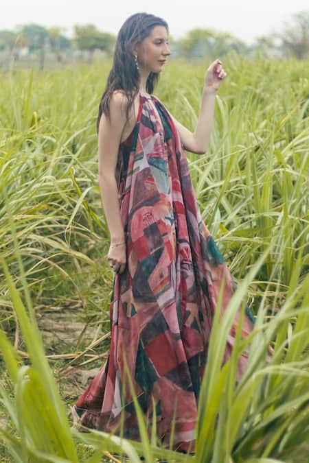 Gazab by Miku Kumar_Pink Organza Halter Neck Multi Color Nomadic Bloom Maxi Dress _at_Aza_Fashions