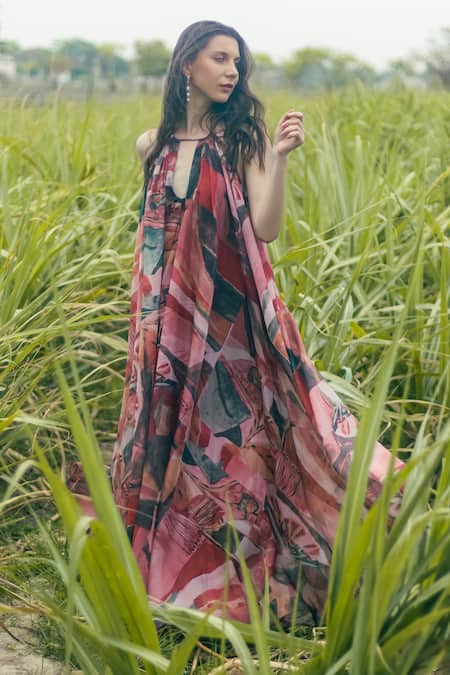 Buy_Gazab by Miku Kumar_Pink Organza Halter Neck Multi Color Nomadic Bloom Maxi Dress 