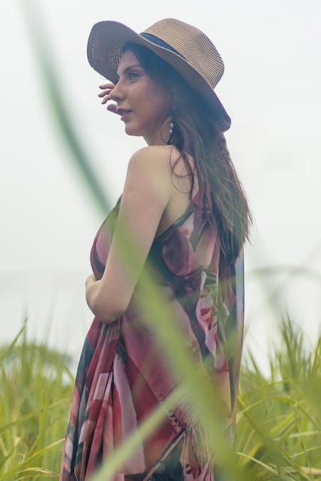 Shop_Gazab by Miku Kumar_Pink Organza Halter Neck Multi Color Nomadic Bloom Maxi Dress 