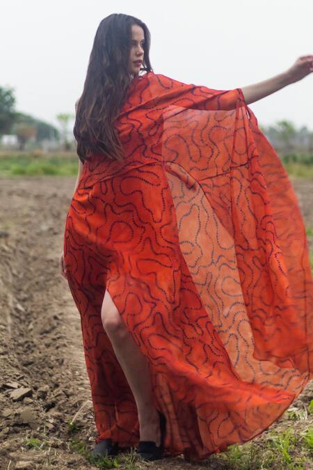 Buy_Gazab by Miku Kumar_Orange Organza Asymmetric Gypsy Moonrise Kaftan Dress _Online_at_Aza_Fashions