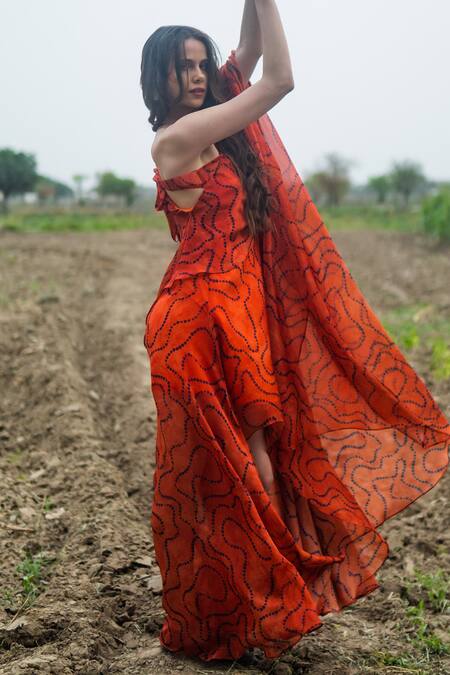 Shop_Gazab by Miku Kumar_Orange Organza Asymmetric Gypsy Moonrise Kaftan Dress _Online_at_Aza_Fashions