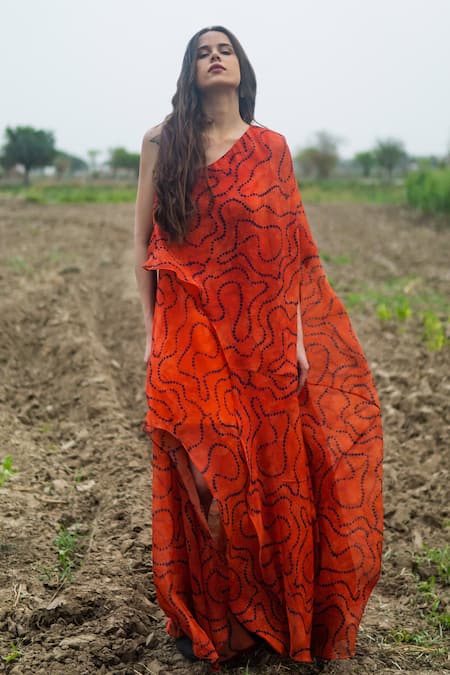 Gazab by Miku Kumar Orange Organza Asymmetric Gypsy Moonrise Kaftan Dress 