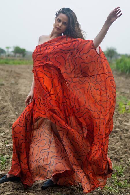 Gazab by Miku Kumar_Orange Organza Asymmetric Gypsy Moonrise Kaftan Dress _at_Aza_Fashions