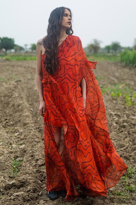 Shop_Gazab by Miku Kumar_Orange Organza Asymmetric Gypsy Moonrise Kaftan Dress 