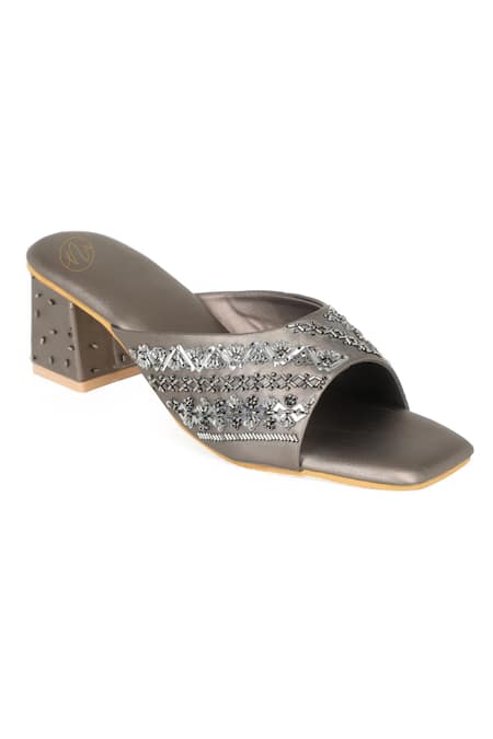 Shop_NR By Nidhi Rathi_Silver Copper Embellished Block Heels _Online_at_Aza_Fashions
