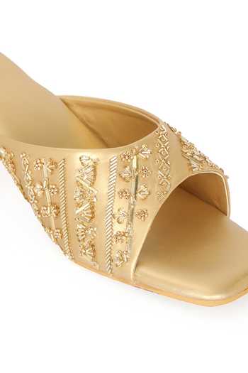 Shop_NR By Nidhi Rathi_Gold Beads, Embroidery Embellished Open-toe Block Heels _Online_at_Aza_Fashions