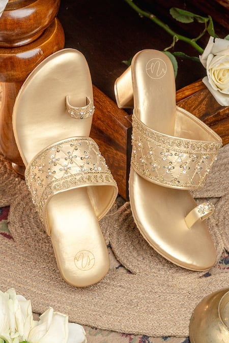 NR By Nidhi Rathi Gold Beads, Sequins Embellished One-toe Block Heels 