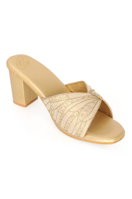 Shop_NR By Nidhi Rathi_Gold Embroidery Embellished Open-toe Block Heels _Online_at_Aza_Fashions