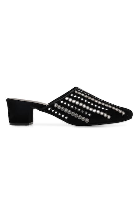 NR By Nidhi Rathi_Black Studs Embellished Suede Block Heel Mules _Online_at_Aza_Fashions