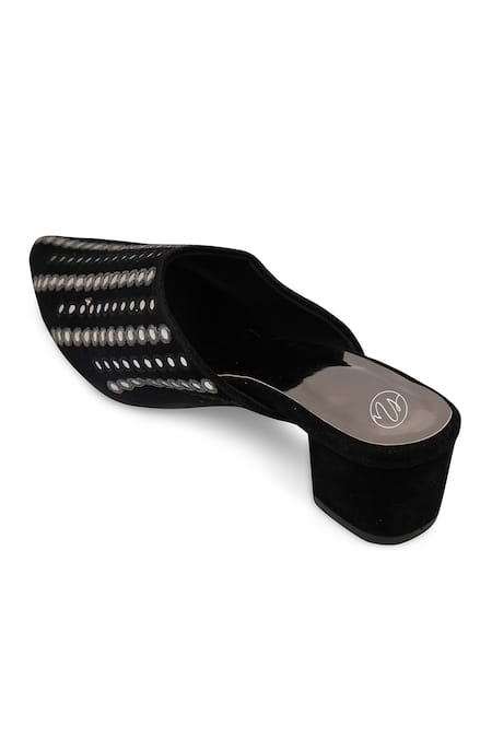 Buy_NR By Nidhi Rathi_Black Studs Embellished Suede Block Heel Mules _Online_at_Aza_Fashions