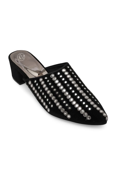 Shop_NR By Nidhi Rathi_Black Studs Embellished Suede Block Heel Mules _Online_at_Aza_Fashions