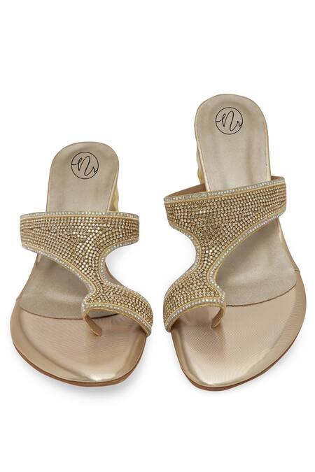 NR By Nidhi Rathi Gold Rhinestones Embellished Block Sandals at Aza Fashions NR By Nidhi Rathi_Gold Rhinestones Embellished Block Sandals _at_Aza_Fashions
