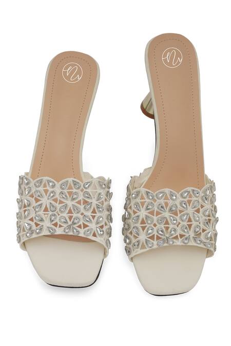 NR By Nidhi Rathi White Crystals Embellished Block Heels at Aza Fashions NR By Nidhi Rathi_White Crystals Embellished Block Heels _at_Aza_Fashions