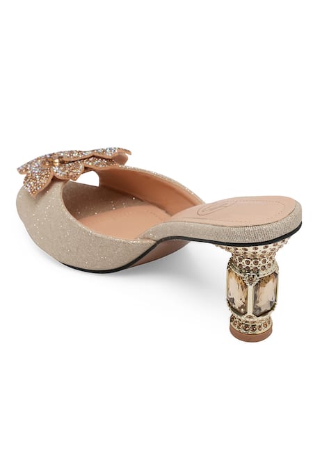 NR By Nidhi Rathi_Gold Sequins, Fabric Flowers Velvet Embellished Stiletto Sandals _Online_at_Aza_Fashions