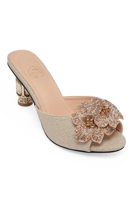 Shop_NR By Nidhi Rathi_Gold Sequins, Fabric Flowers Velvet Embellished Stiletto Sandals _Online_at_Aza_Fashions