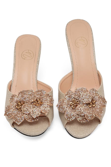 NR By Nidhi Rathi_Gold Sequins, Fabric Flowers Velvet Embellished Stiletto Sandals _at_Aza_Fashions