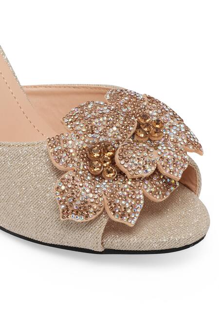 Buy NR By Nidhi Rathi Gold Sequins, Fabric Flowers Velvet Embellished Stiletto Sandals Buy_NR By Nidhi Rathi_Gold Sequins, Fabric Flowers Velvet Embellished Stiletto Sandals