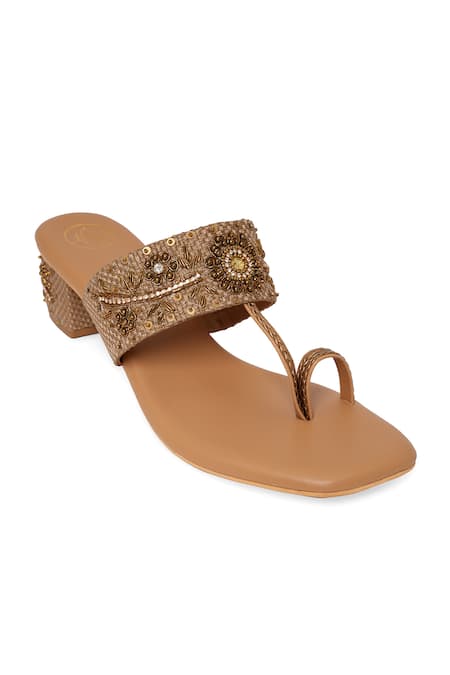 Shop_NR By Nidhi Rathi_Gold Beads, Sequins Embellished Block Sandals _Online_at_Aza_Fashions