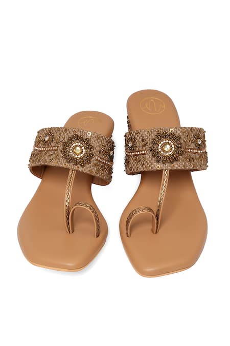 NR By Nidhi Rathi_Gold Beads, Sequins Embellished Block Sandals _at_Aza_Fashions