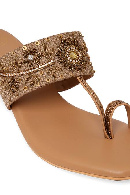 Buy NR By Nidhi Rathi Gold Beads, Sequins Embellished Block Sandals Buy_NR By Nidhi Rathi_Gold Beads, Sequins Embellished Block Sandals