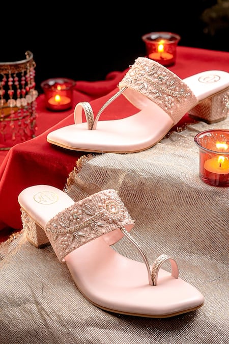 NR By Nidhi Rathi Baby Pink Embellished Block Heels