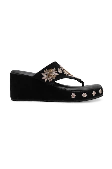 NR By Nidhi Rathi_Black Embroidery Embellished Velvet Wedge Heels _Online_at_Aza_Fashions