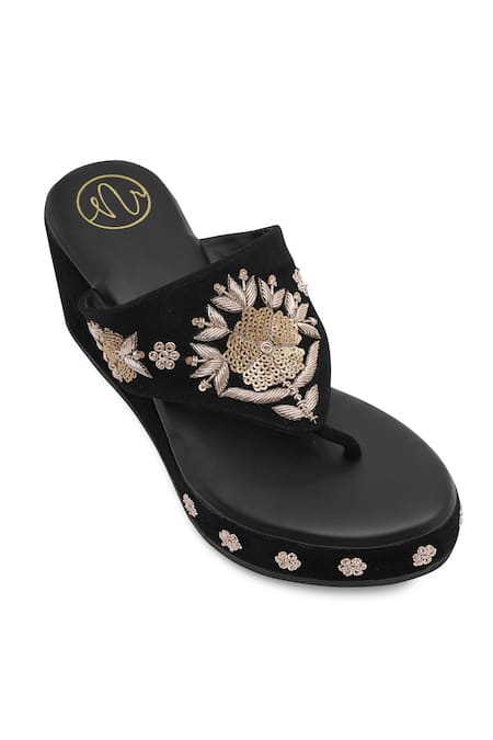 Shop_NR By Nidhi Rathi_Black Embroidery Embellished Velvet Wedge Heels _Online_at_Aza_Fashions