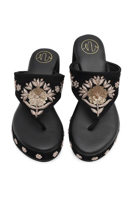 NR By Nidhi Rathi_Black Embroidery Embellished Velvet Wedge Heels _at_Aza_Fashions