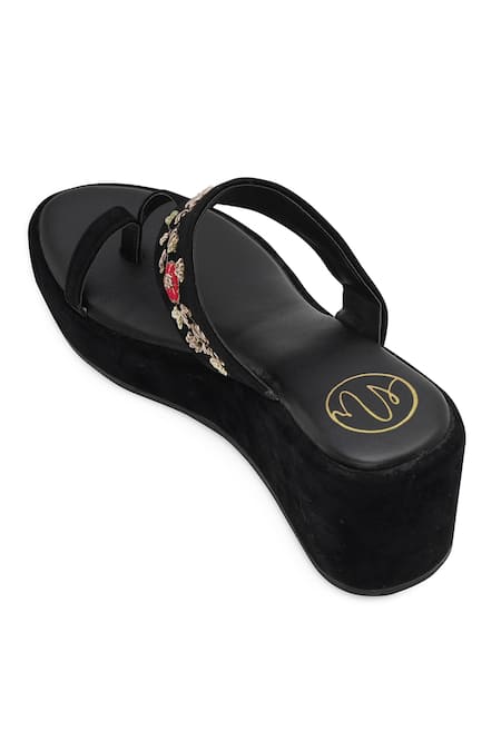 NR By Nidhi Rathi_Black Embroidery Velvet Embellished Wedge Sandals _Online_at_Aza_Fashions