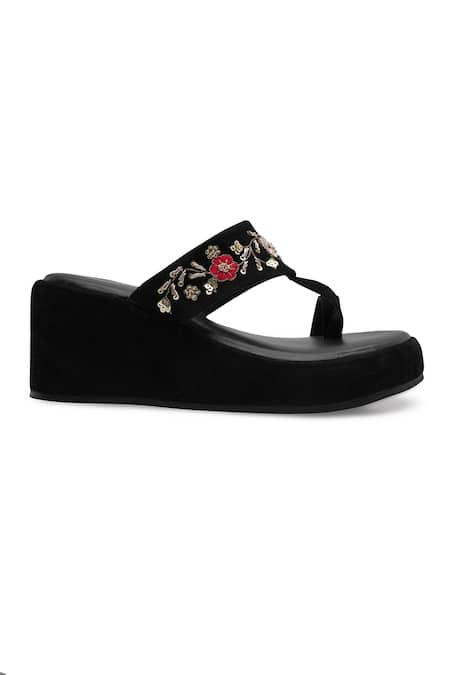 Buy_NR By Nidhi Rathi_Black Embroidery Velvet Embellished Wedge Sandals _Online_at_Aza_Fashions