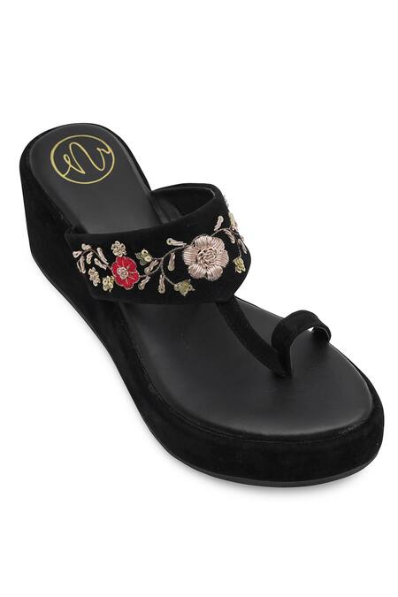 Shop_NR By Nidhi Rathi_Black Embroidery Velvet Embellished Wedge Sandals _Online_at_Aza_Fashions