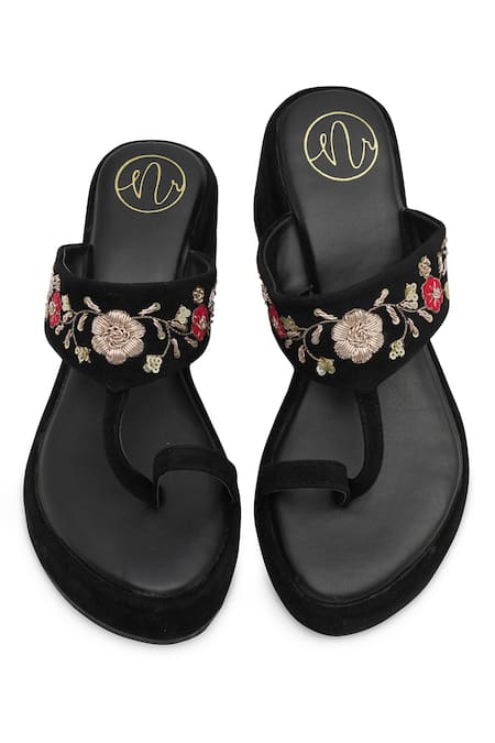 NR By Nidhi Rathi_Black Embroidery Velvet Embellished Wedge Sandals _at_Aza_Fashions