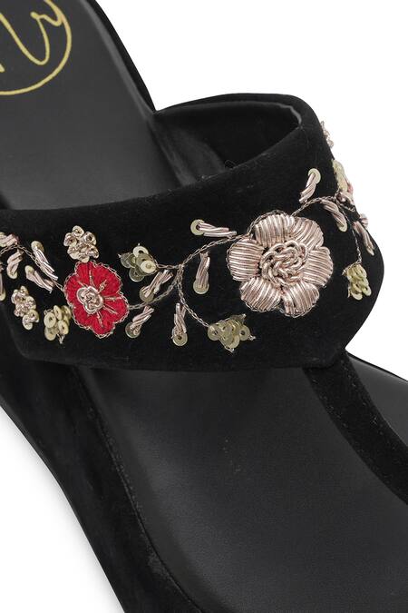 Shop_NR By Nidhi Rathi_Black Embroidery Velvet Embellished Wedge Sandals 