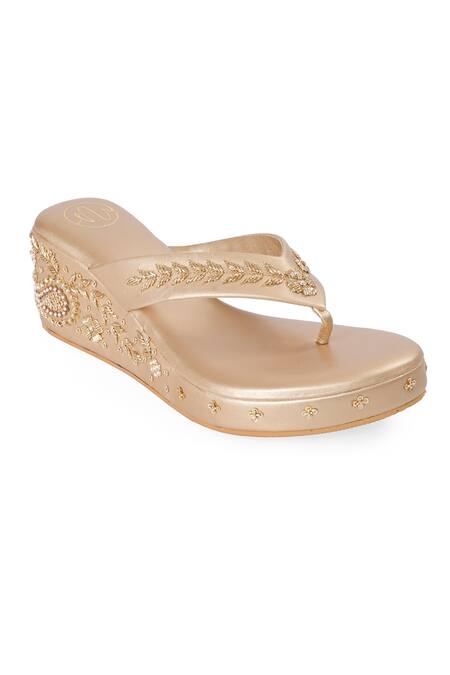 NR By Nidhi Rathi_Gold Embroidery, Beads Embellished Open-toe Wedge Sandals _Online_at_Aza_Fashions