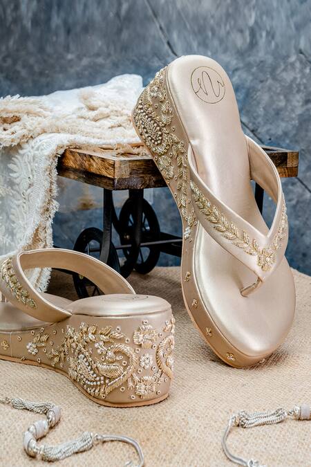 Shop_NR By Nidhi Rathi_Gold Embroidery, Beads Embellished Open-toe Wedge Sandals _Online_at_Aza_Fashions