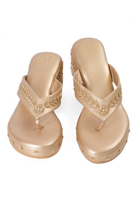 NR By Nidhi Rathi_Gold Embroidery, Beads Embellished Open-toe Wedge Sandals _at_Aza_Fashions