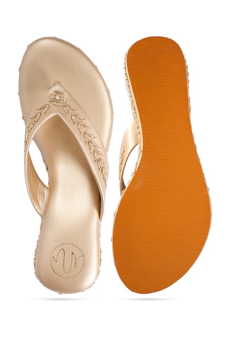 NR By Nidhi Rathi Gold Embellished Open-Toe Wedge Sandals 