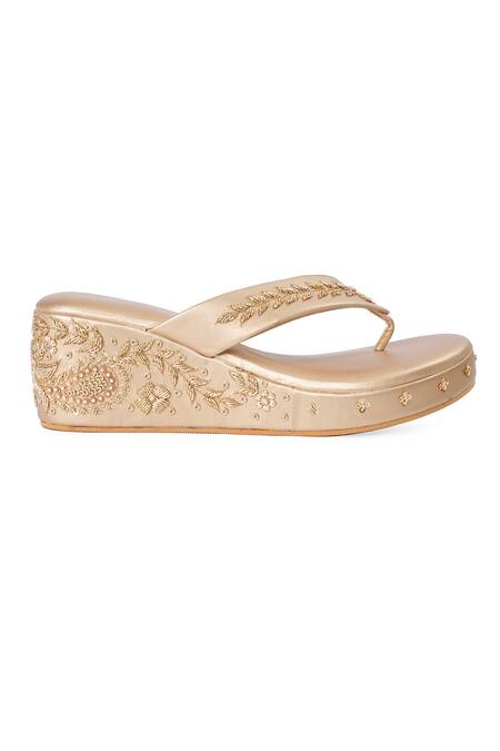 Buy_NR By Nidhi Rathi_Gold Embroidery, Beads Embellished Open-toe Wedge Sandals 