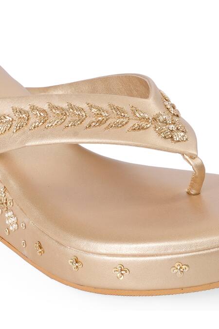 Shop_NR By Nidhi Rathi_Gold Embroidery, Beads Embellished Open-toe Wedge Sandals 