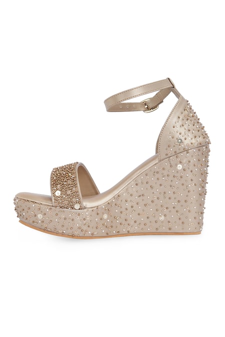 NR By Nidhi Rathi_Gold Beads, Sequins Embellished Open-toe Wedge Heels _Online_at_Aza_Fashions