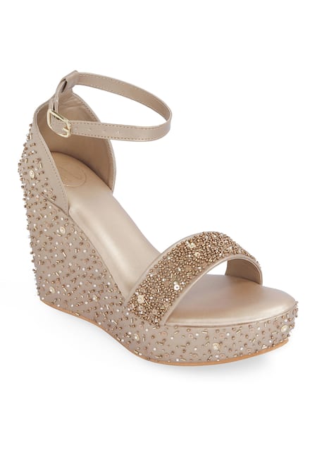 Buy_NR By Nidhi Rathi_Gold Beads, Sequins Embellished Open-toe Wedge Heels _Online_at_Aza_Fashions