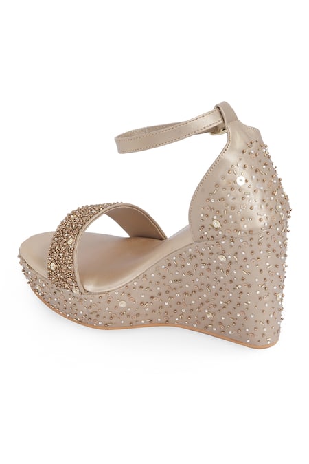 Shop_NR By Nidhi Rathi_Gold Beads, Sequins Embellished Open-toe Wedge Heels _Online_at_Aza_Fashions